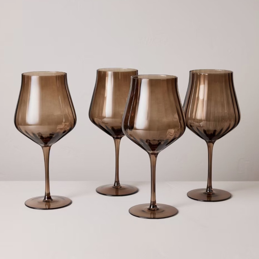 Hearth & Hand Magnolia ***Set of 4***  20oz Wine Glasses Ribbed Brown NEW IN BOX